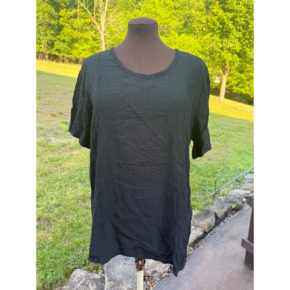 FLAX Black Grid Textured Tunic Top Short Sleeve Rayon Blend Lagenlook Small